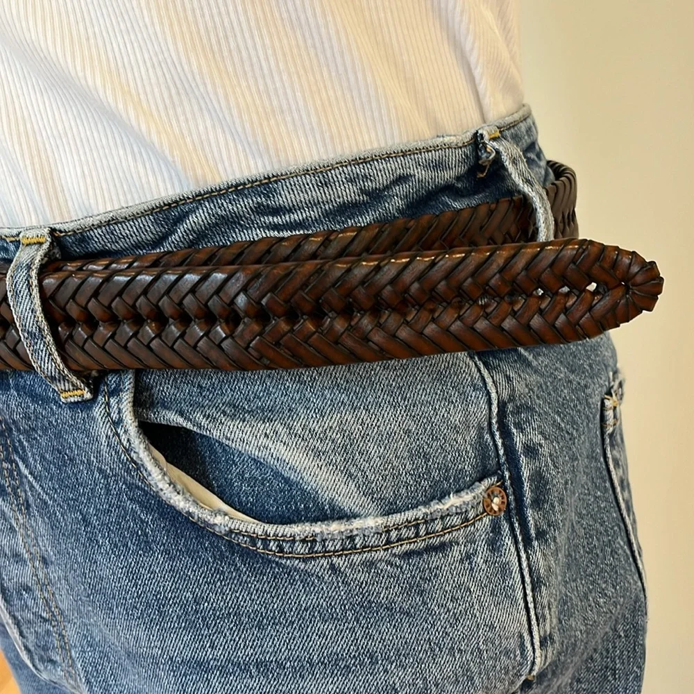 Brown woven leather belt with silver buckle size 38